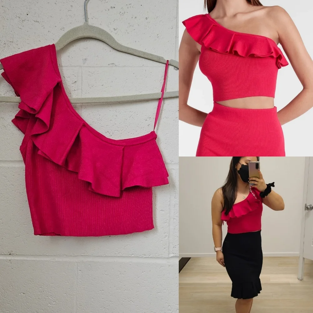 Express Pink Ruffle One Shoulder Cropped Sweater Tank - Picture 1 of 12